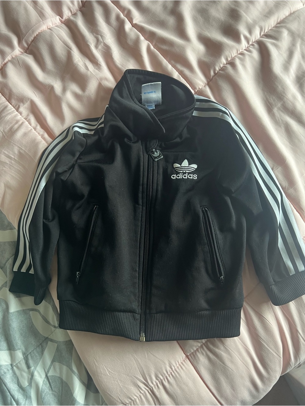 adidas Black Kids Puffer-Style Track Jacket with White Stripes